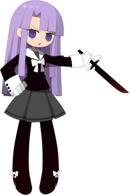 1girl, black_leggings, black_shirt, bow, full_body, funamusea, funamusea_(artist), gloves, grey_skirt, hime_cut, holding, holding_weapon, if_(funamusea), knife, leggings, long_hair, official_art, purple_hair, school_uniform, shirt, simple_background, skirt, solo, standing, violet_eyes, weapon, white_background, white_bow, white_gloves