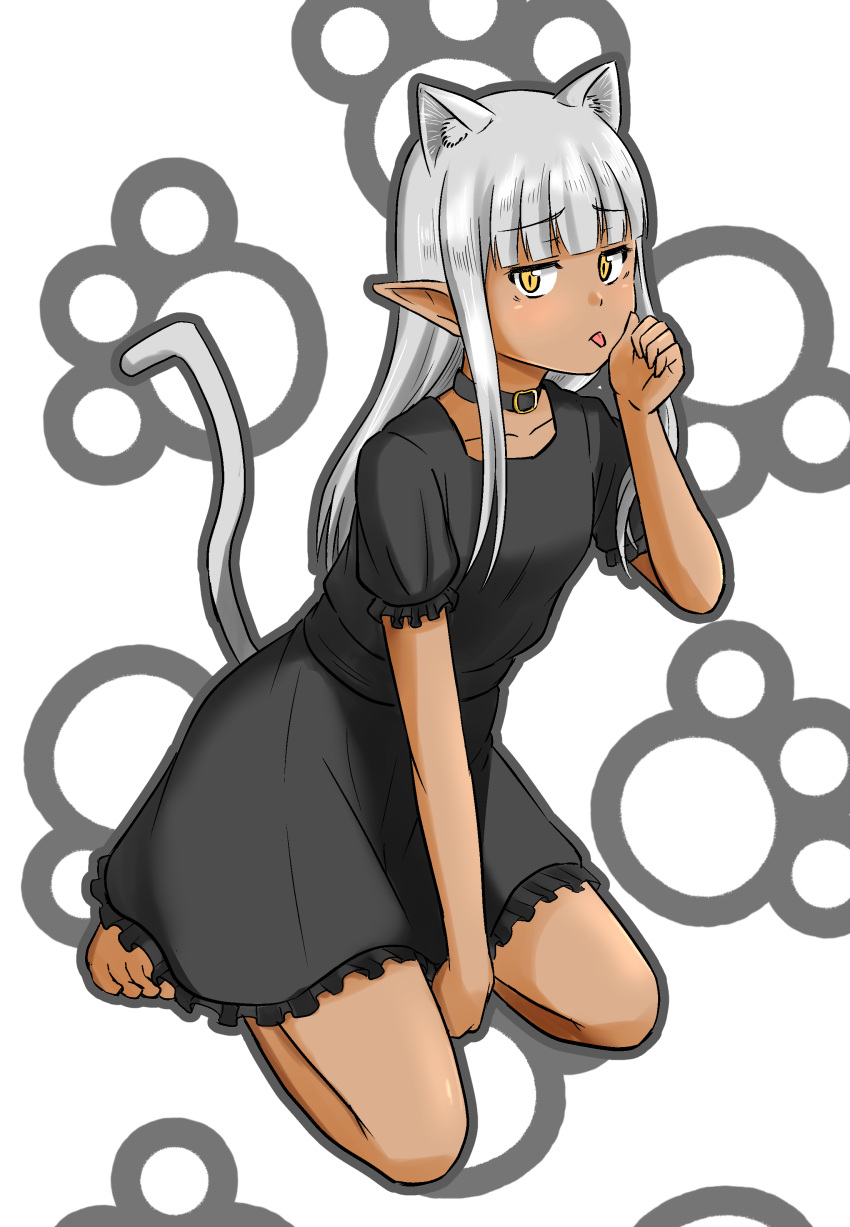1girl, absurdres, animal_ears, arm_between_legs, barefoot, black_choker, black_dress, blunt_bangs