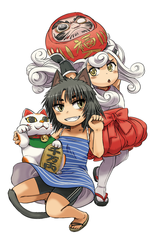animal_ears, bike_shorts, black_hair, cat_ears, cat_tail, daruma_doll, doll, dress