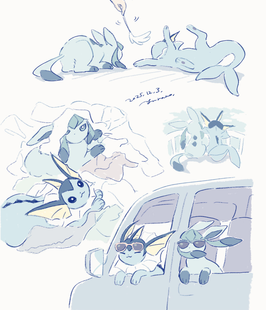 blue_eyes, car, closed_eyes, closed_mouth, commentary_request, dated, glaceon, highres, looking_at_viewer, lying, motor_vehicle, poke_toy, pokemon, pokemon_(creature), shirt, sitting, smile, sunglasses, vaporeon, yurano_(upao)