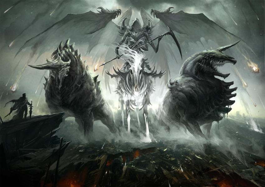 city, death, death_(entity), horns, horse, meteor, multiple_arms, original
