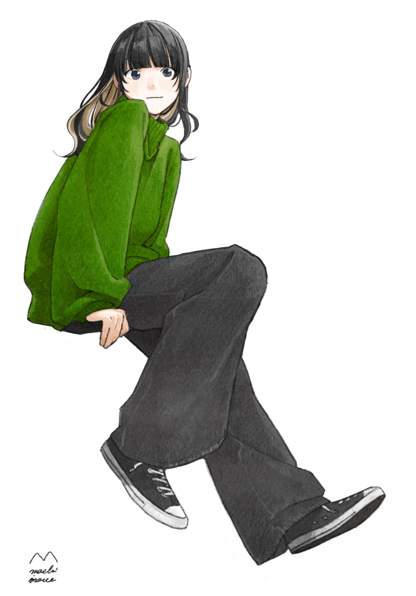 1girl, black_eyes, black_hair, black_pants, black_shoes, blunt_bangs, brown_hair, converse, from_side, full_body, green_sweater, highres, invisible_chair, light_smile, long_hair, long_sleeves, looking_at_viewer, machiinoue, multicolored_hair, original, pants, shoes, signature, simple_background, sitting, smile, solo, sweater, turtleneck, turtleneck_sweater, two-tone_hair, white_background, wide-leg_pants