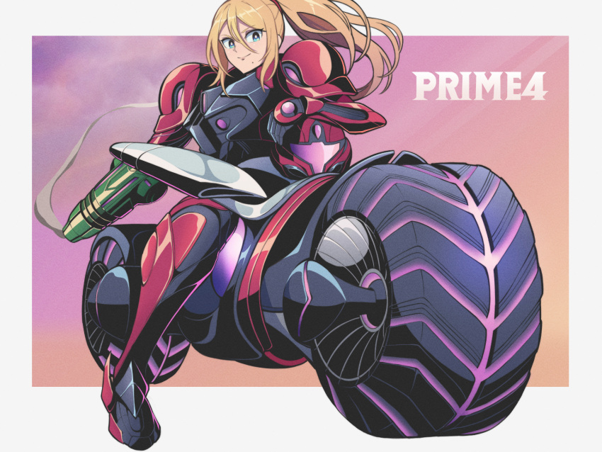 1girl, arm_cannon, armor, blonde_hair, blue_eyes, commentary_request, copyright_name, helmet