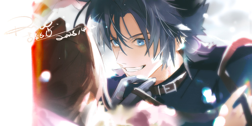 1boy, 1girl, aerith_gainsborough, belt_buckle, black_gloves, black_hair, blue_eyes, blue_sweater