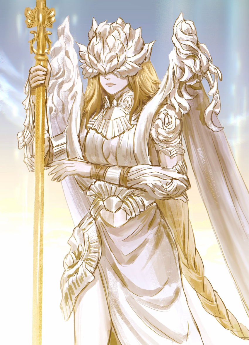 1girl, armlet, armor, blonde_hair, braid, clothing_cutout, commentary, covered_eyes
