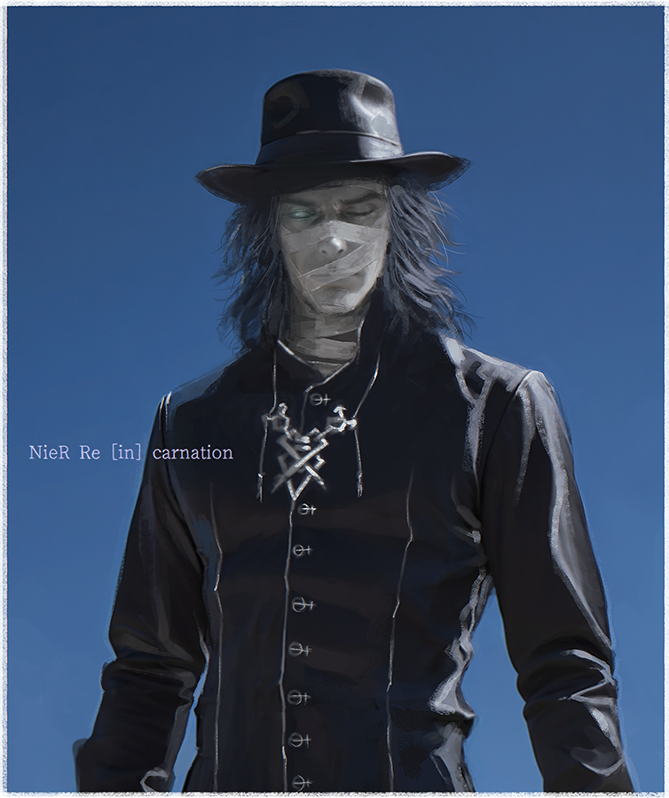 1boy, bandaged_neck, bandages, bandages_over_mouth, black_hair, black_hat, black_jacket, blue_background