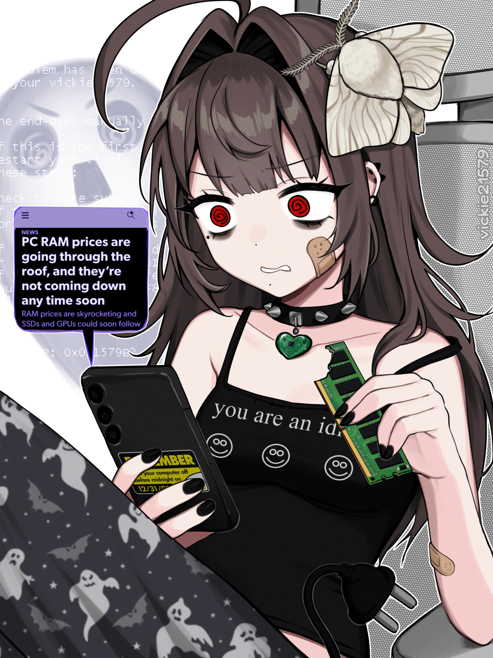 1girl, @_@, ahoge, animal_on_head, artist_name, bags_under_eyes, bandaid, bandaid_on_arm