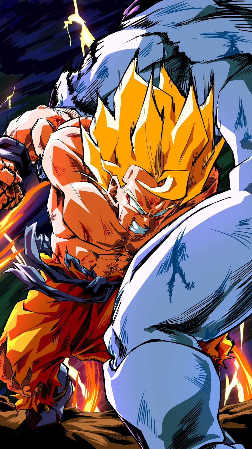 2boys, absurdres, alien, battle, blonde_hair, blood, blood_on_arm, blood_on_face