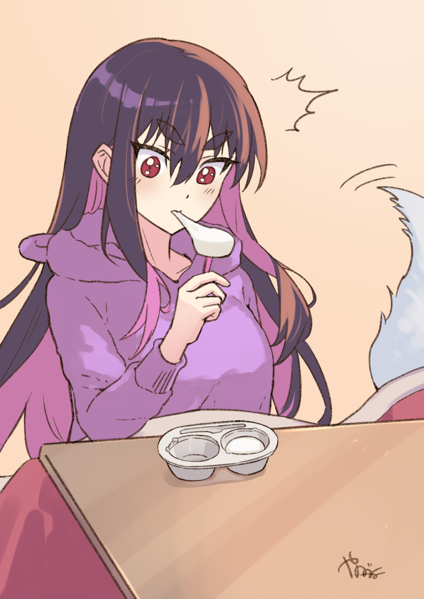 1girl, black_hair, breasts, commentary_request, food, highres, holding, holding_food