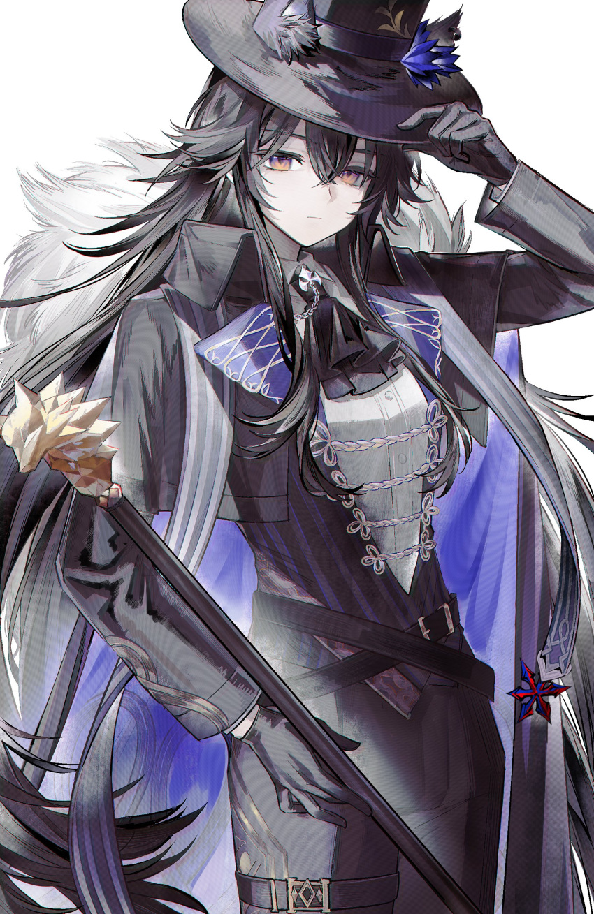 1girl, absurdres, animal_ear_fluff, animal_ears, arknights, ascot, black_ascot, black_gloves