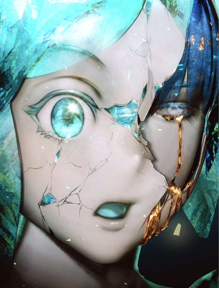 1other, blue_hair, broken_mask, close-up, colored_eyelashes, colored_tongue, cracked_kawaii_mask, cracked_mask