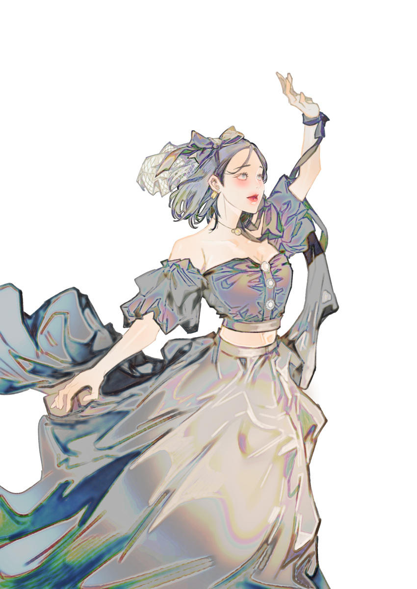 1girl, absurdres, arm_up, black_hair, black_skirt, detached_sleeves, feet_out_of_frame, goddessgrayfruit