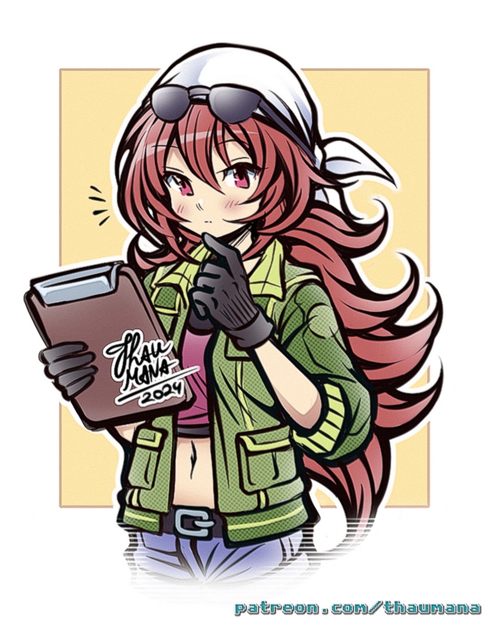 1girl, artist_name, bandana, belt, black_gloves, blush, eiyuu_densetsu, eyewear_on_head, gloves, green_jacket, headscarf, highres, jacket, jingo_(eiyuu_densetsu), long_hair, navel, red_hair, sen_no_kiseki_(series), short_shorts, shorts, simple_background, sunglasses, thaumana, white_headscarf