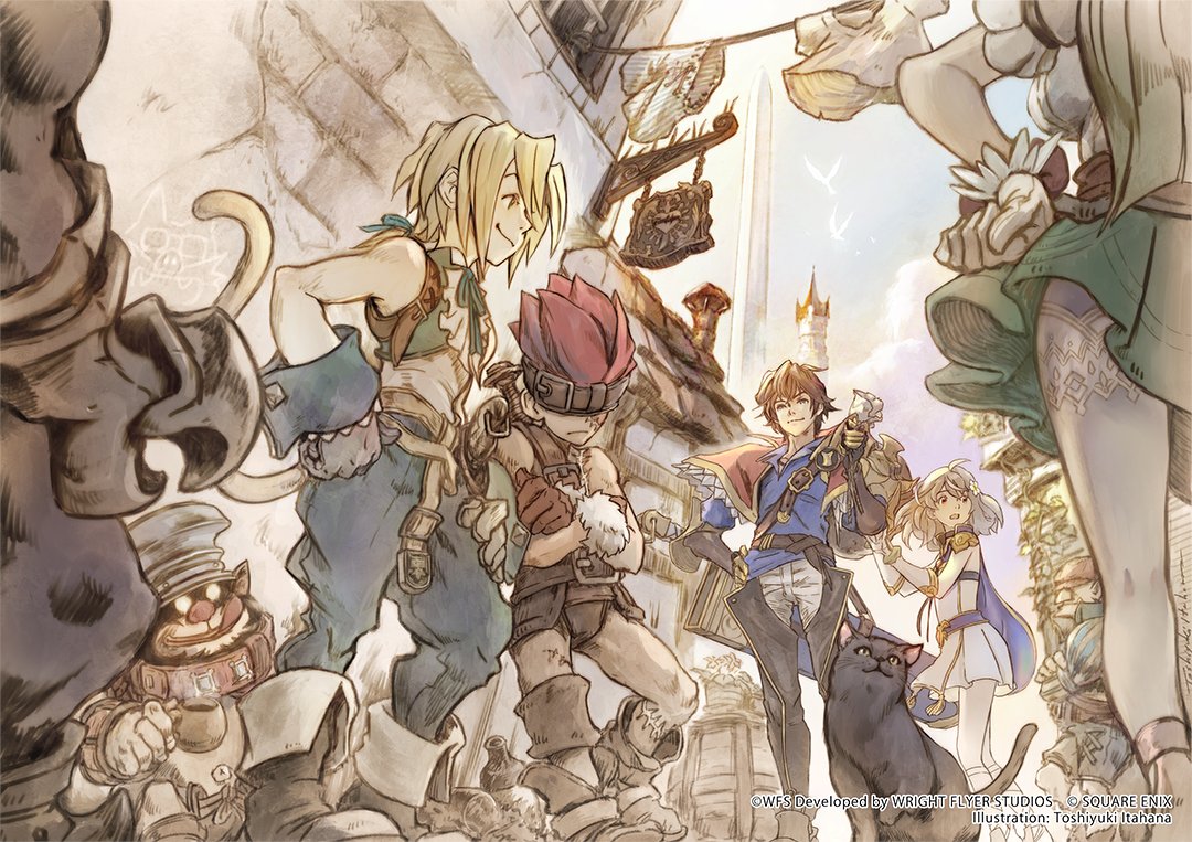 2girls, 6+boys, aldo_(another_eden), another_eden, bare_shoulders, black_cat, blank_(ff9), blonde_hair