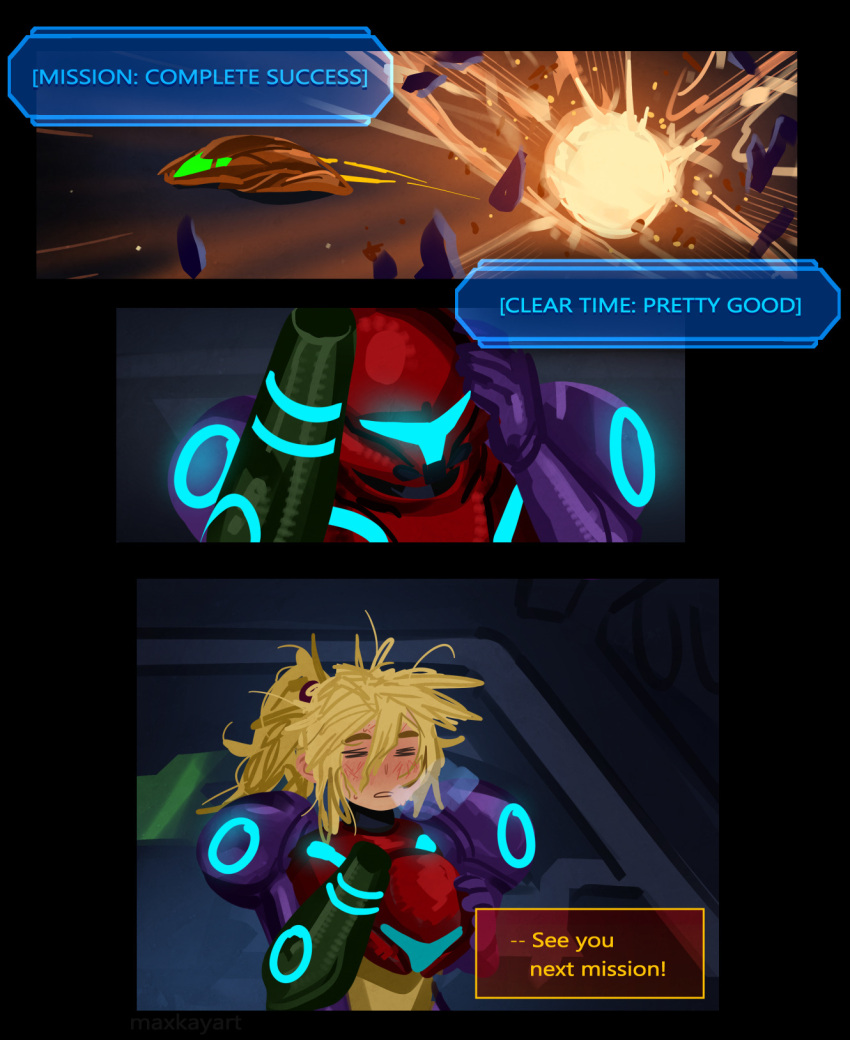 1girl, arm_cannon, armor, artist_name, blonde_hair, commentary, english_commentary, explosion