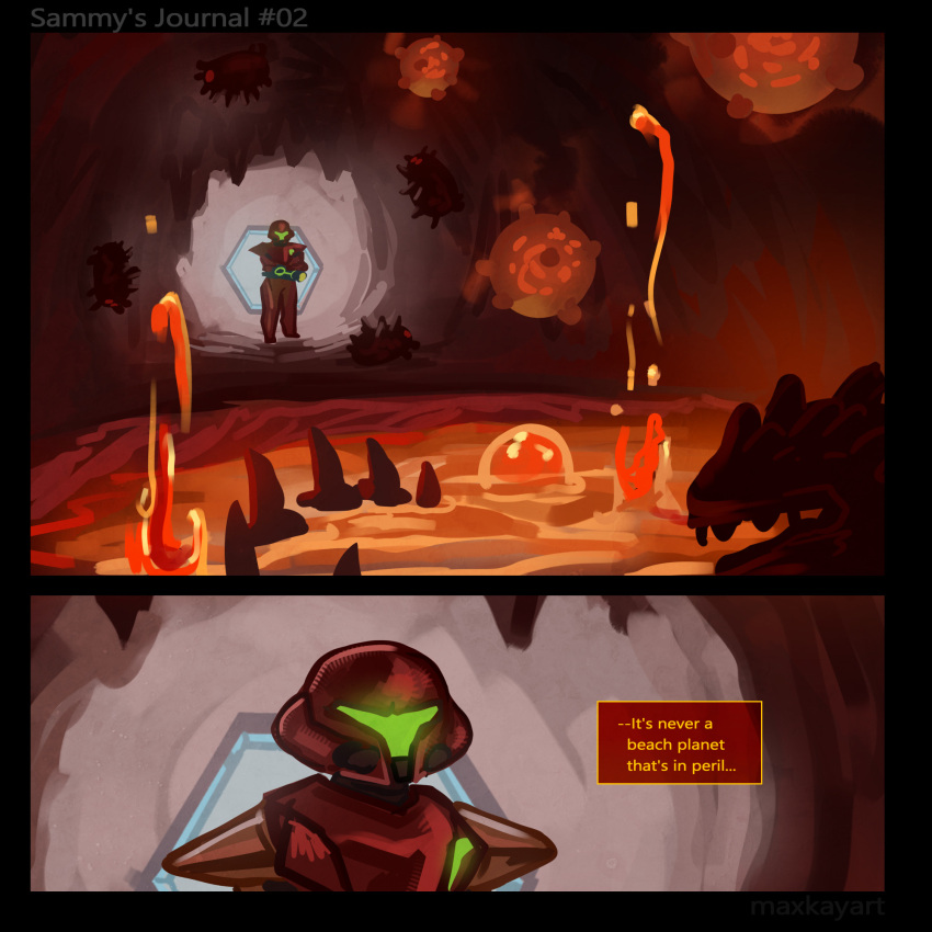 1girl, arm_cannon, armor, artist_name, assault_visor, cave, commentary, english_commentary