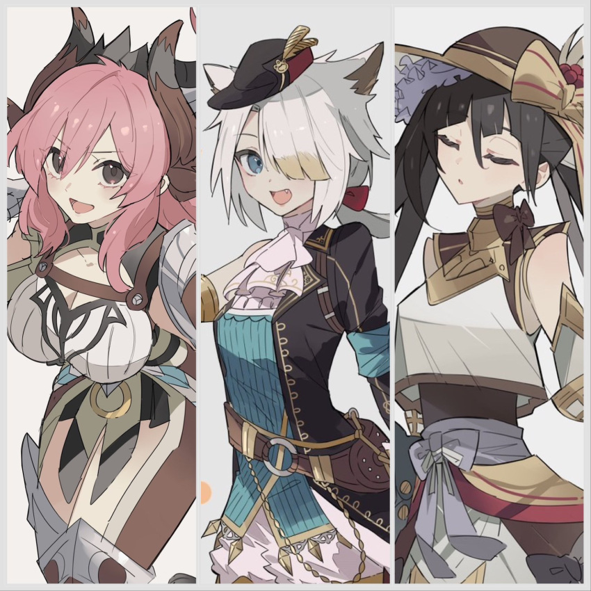 3girls, animal_ears, aqua_shirt, ascot, cat_ears, cat_girl, closed_eyes, cow_girl