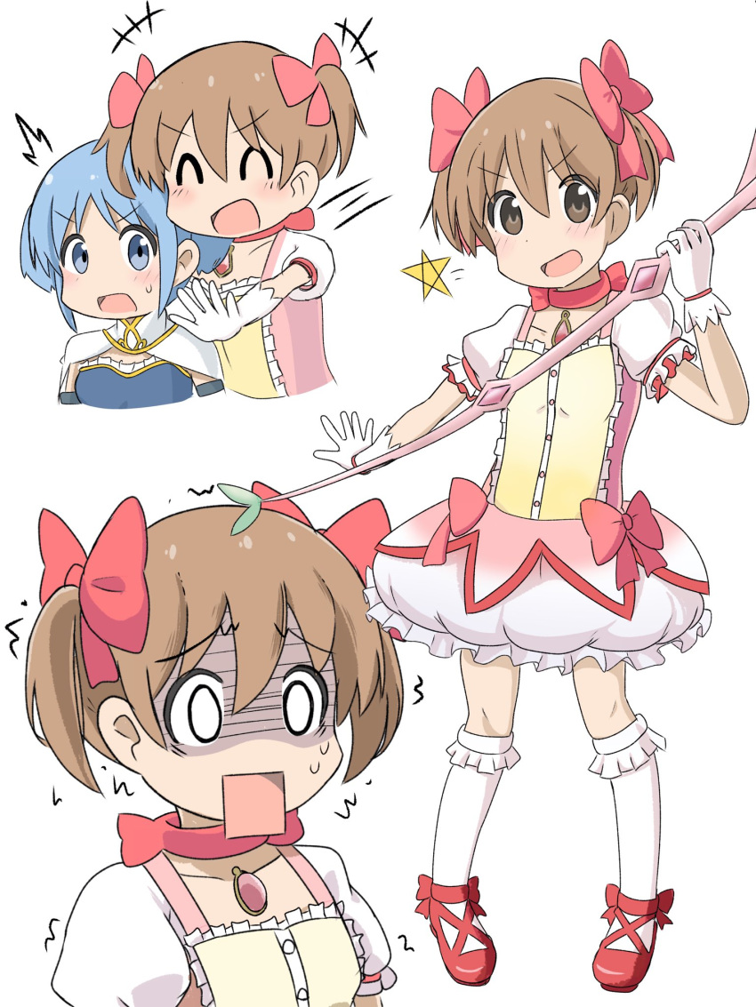 aioi_yuuko, blue_eyes, blue_hair, bow, brown_eyes, brown_hair, bubble_skirt, commentary_request, cosplay, dress, gloves, hair_bow, highres, kaname_madoka, kaname_madoka_(cosplay), kimi_(user_vppd4758), mahou_shoujo_madoka_magica, mahou_shoujo_madoka_magica_(anime), miki_sayaka, miki_sayaka_(cosplay), naganohara_mio, nichijou, pink_bow, pink_dress, red_shoes, shoes, short_twintails, skirt, star_(symbol), twintails, white_background, white_gloves