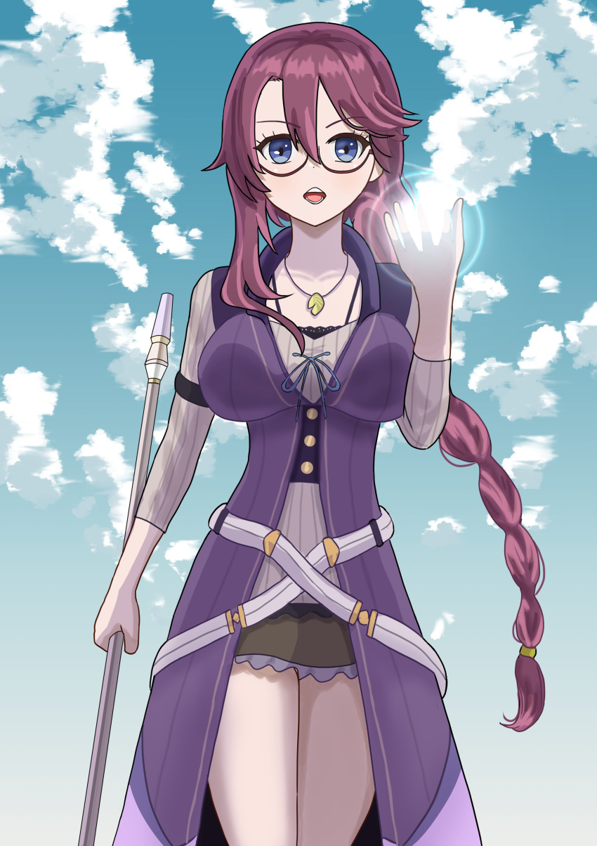 1girl, absurdres, alexmercerart, blue_eyes, blue_sky, braid, braided_ponytail, casting_spell
