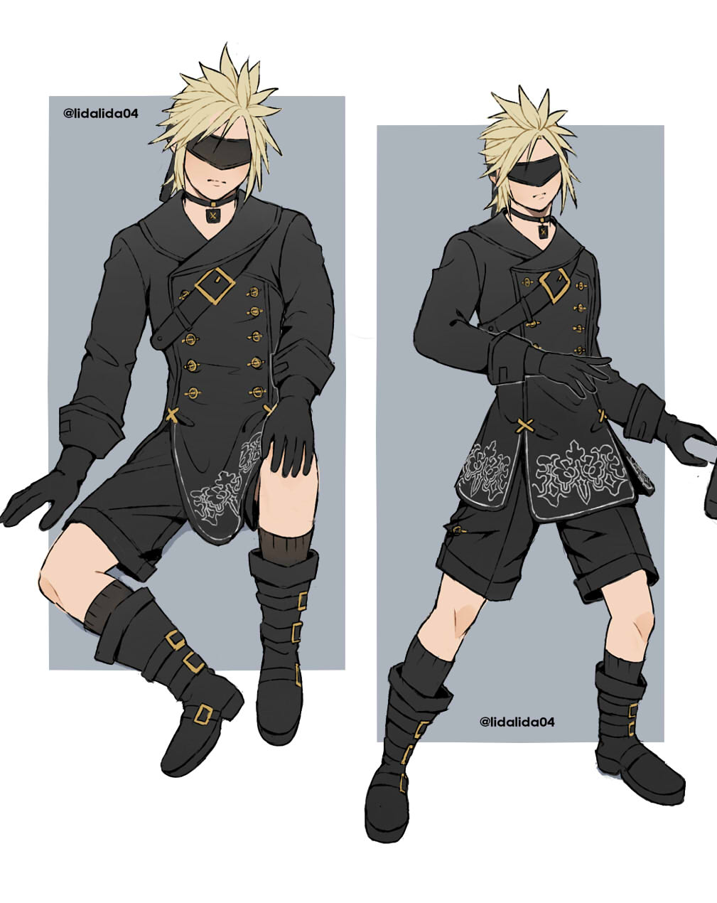 9s_(nier:automata), 9s_(nier:automata)_(cosplay), black_boots, black_choker, black_gloves, black_jacket, black_shorts, black_socks, black_visor, blindfold, blonde_hair, boots, border, buttons, choker, closed_mouth, cloud_strife, cloud_strife_(scanner_ensemble), commentary, cosplay, double-breasted, english_commentary, final_fantasy, final_fantasy_vii, final_fantasy_vii:_ever_crisis, gloves, gold_buttons, grey_background, highres, holding, holding_sword, holding_weapon, jacket, lida_(lidalida04), multiple_views, pendant_choker, short_hair, shorts, shoulder_belt, socks, spiky_hair, standing, sword, twitter_username, weapon, white_border
