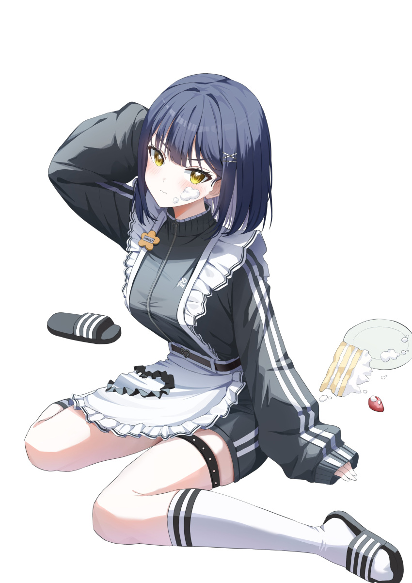 1girl, 3:, absurdres, annoyed, aoba_nene, apron, arm_up, belt, black_belt, black_sandals, blue_hair, blush, breasts, cake, cake_slice, character_name, closed_mouth, commentary_request, dropped_food, food, food_on_face, frilled_apron, frills, frown, fruit, full_body, gangzi_(vtuber), grey_jacket, grey_shorts, hair_intakes, hair_ornament, hairclip, hand_on_own_head, head_tilt, heart_belt_buckle, highres, icing, jacket, jersey_maid, kneehighs, korean_commentary, large_breasts, long_sleeves, looking_at_viewer, looking_to_the_side, maid, maid_apron, medium_hair, name_tag, plate, sandals, shorts, simple_background, sitting, sleeves_past_wrists, slides, socks, solo, stellive, strawberry, thigh_strap, track_jacket, unconventional_maid, v-shaped_eyebrows, virtual_youtuber, wariza, white_apron, white_background, white_socks, yellow_eyes
