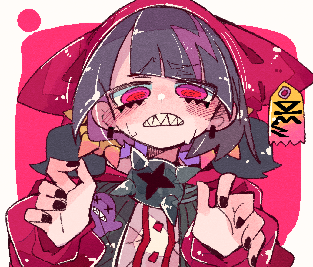 1girl, @_@, black_hair, black_nails, blush, commentary, commission, coqui_saporana, english_commentary, hat, low_twintails, massakasama, red_background, red_eyes, red_hat, rummy_&amp;_coqui, second-party_source, sharp_teeth, short_hair, skeb_commission, solo, sweat, teeth, twintails, upper_body, virtual_youtuber