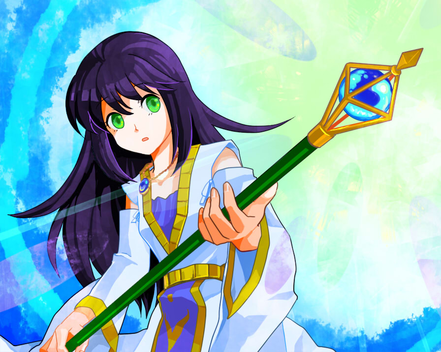 black_hair, detached_sleeves, gensou_suikoden, gensou_suikoden_i, gensou_suikoden_ii, green_eyes, jewelry, long_hair