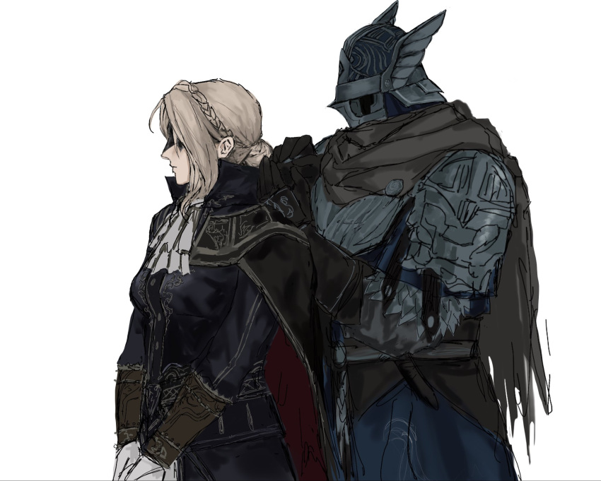 1boy, 1girl, armor, ascot, ashen6621, blindfold_mask, blonde_hair, blue_surcoat, brother_and_sister, cape, commentary, duchess_(elden_ring), elden_ring, elden_ring_nightreign, english_commentary, gloves, helmet, highres, long_hair, mask, shoulder_armor, siblings, simple_background, white_background, winged_helmet, wylder_(elden_ring)