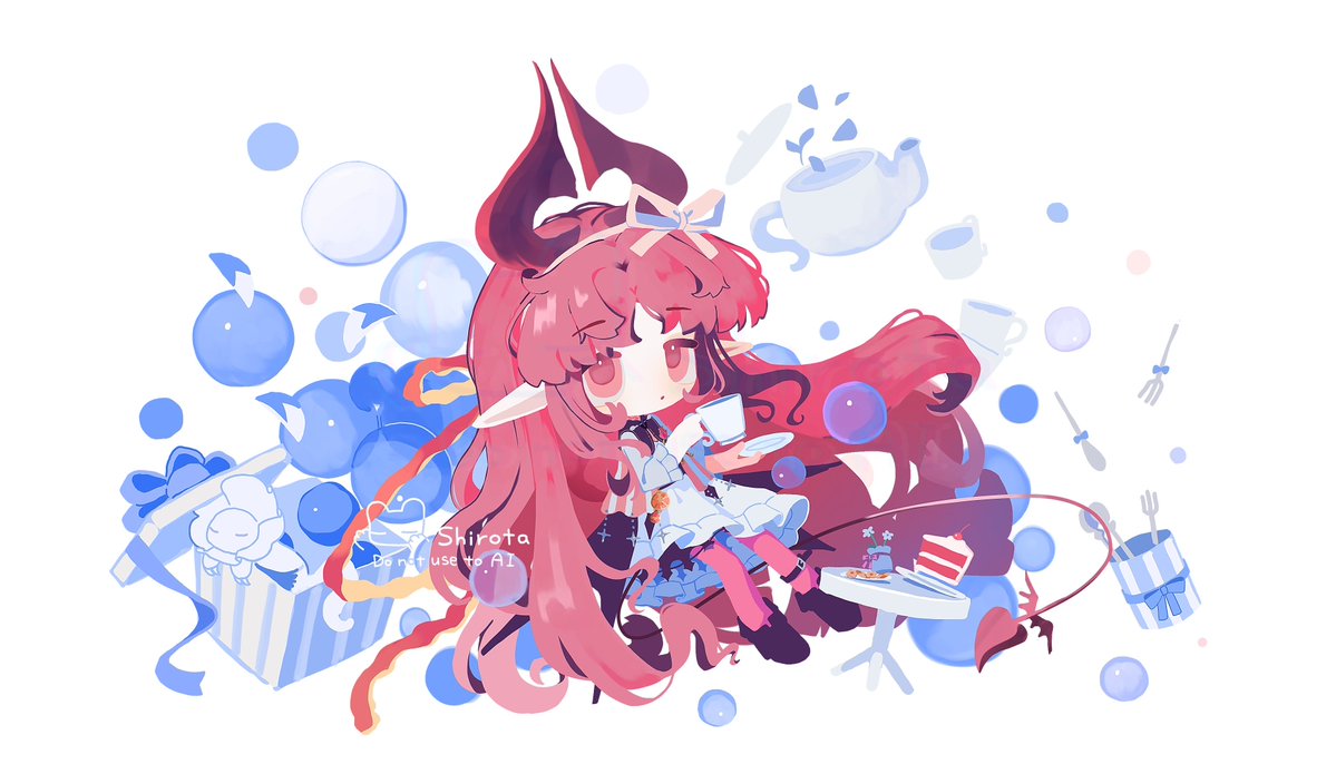 1girl, :o, absurdly_long_hair, arknights, black_shoes, bubble, cake, cake_slice