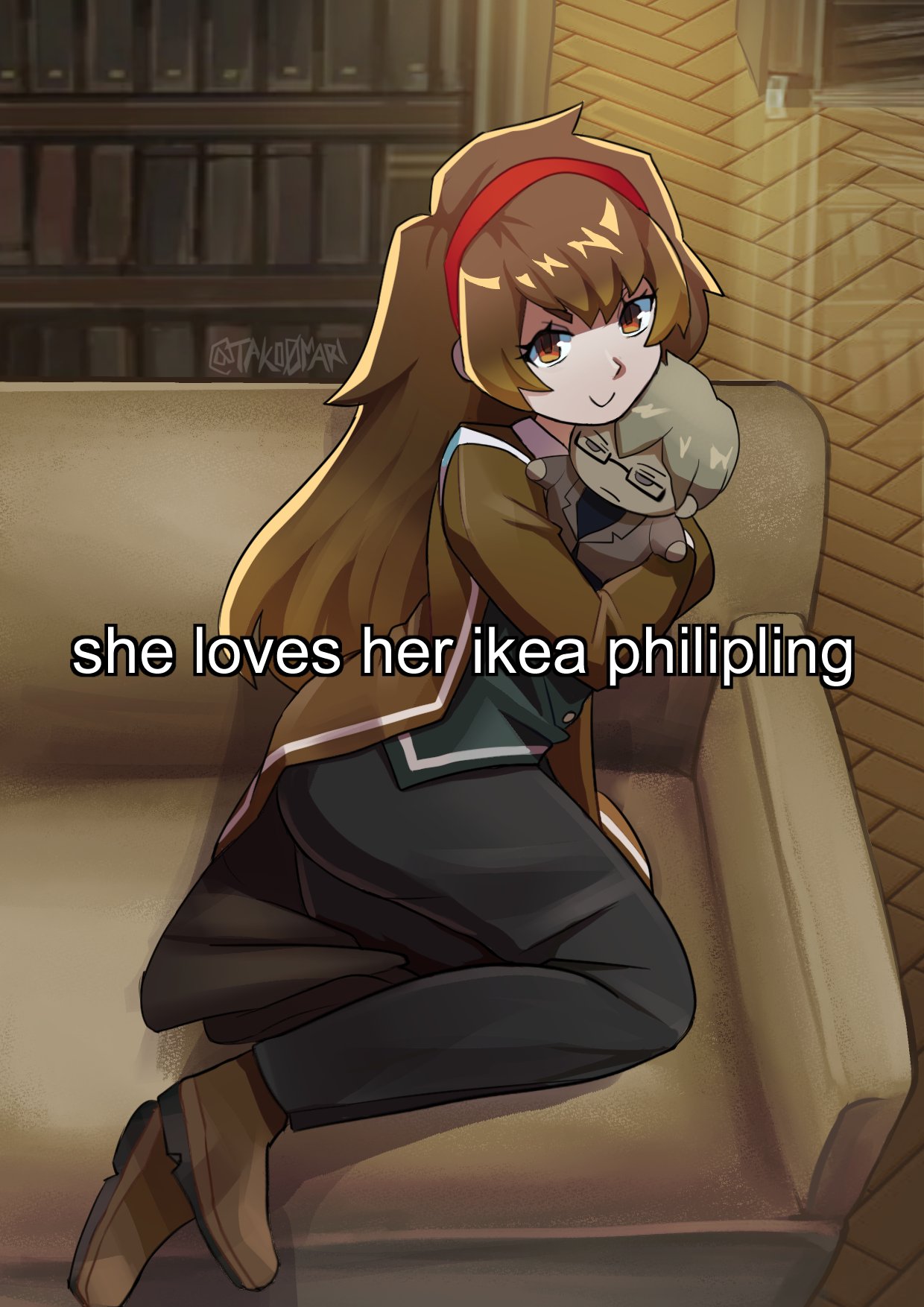 1girl, black_pants, bookshelf, brown_eyes, brown_hair, brown_jacket, brown_shoes, character_doll