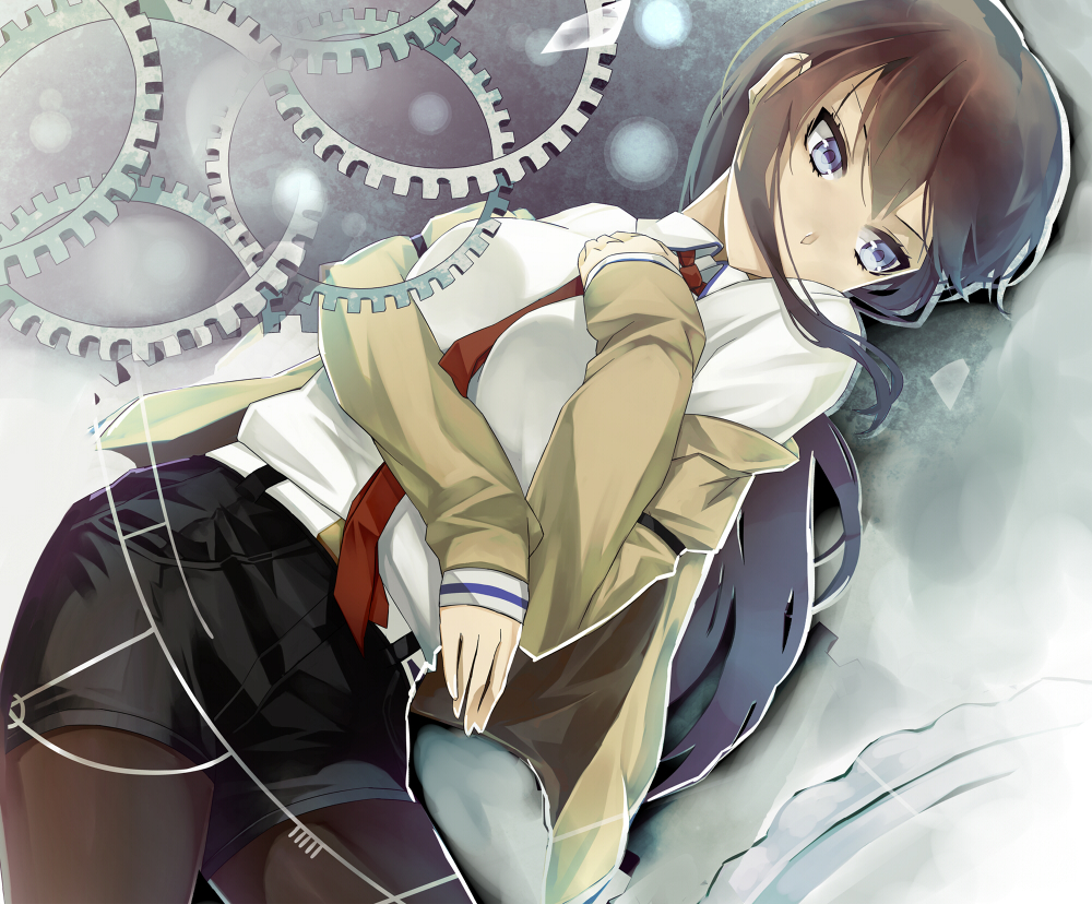 brown_hair, gears, kibamigohann, legwear_under_shorts, long_hair, makise_kurisu, necktie, pantyhose