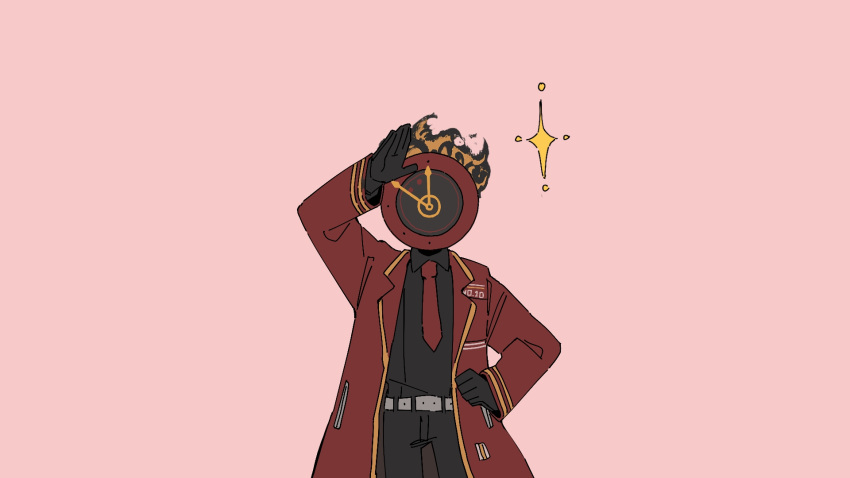1other, 3774._(style), belt, black_gloves, black_pants, black_shirt, clock, coat