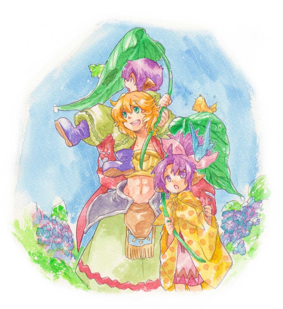 blonde_hair, bud_(lom), child, cloak, flower, green_eyes, hat, leaf