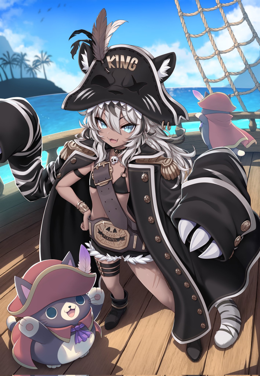 1girl, :3, animal_ears, belt, black_hair, blue_eyes, blue_sky, boots