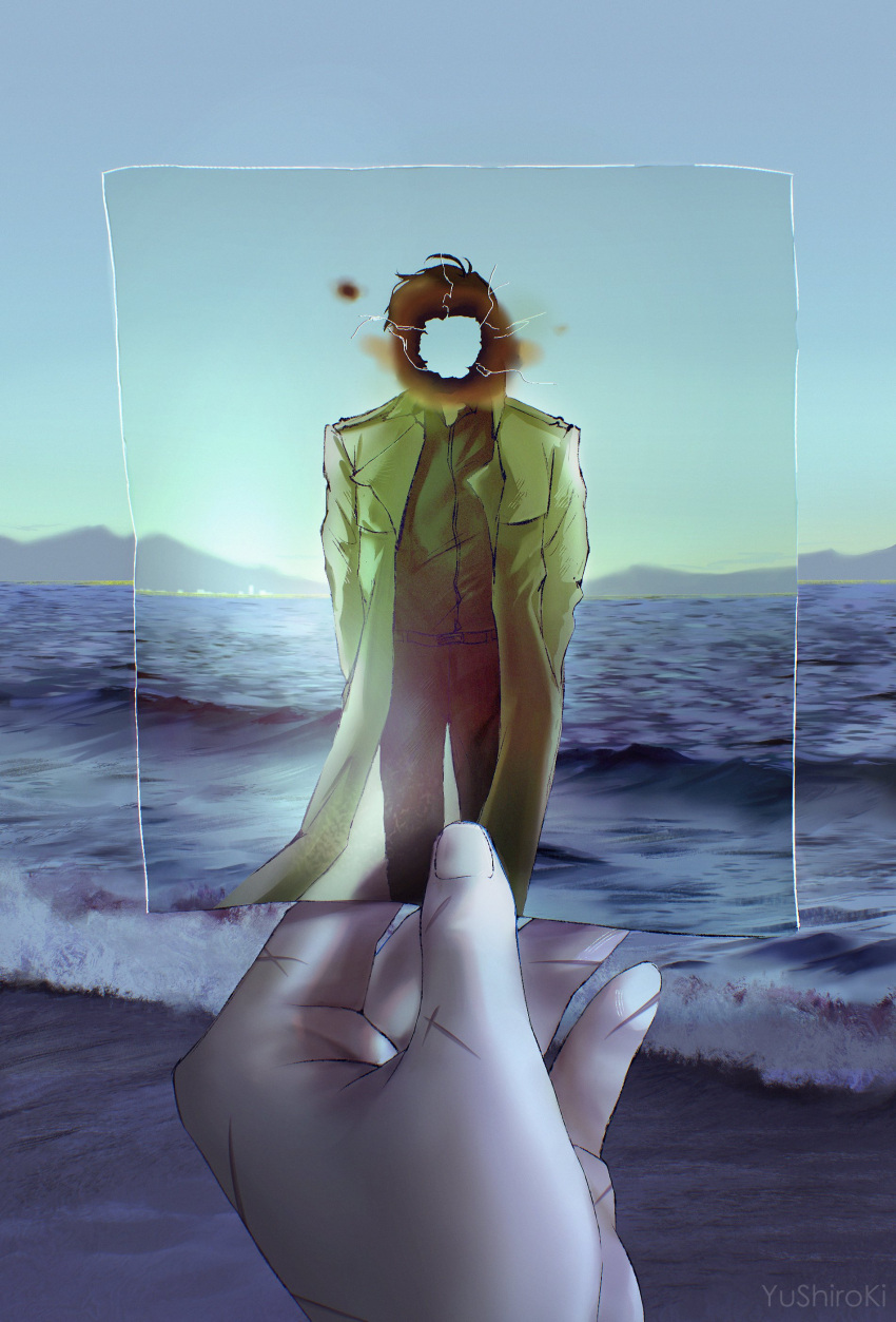 1boy, 1other, absurdres, beach, burnt_paper, censored, censored_identity, commentary, english_commentary, highres, holding, holding_photo, kim_dokja, mountainous_horizon, multiple_scars, omniscient_reader's_viewpoint, outdoors, photo_(object), pov, pov_hands, scar, scar_on_hand, shore, variant_set, yoo_joonghyuk, yu_shiro_ki