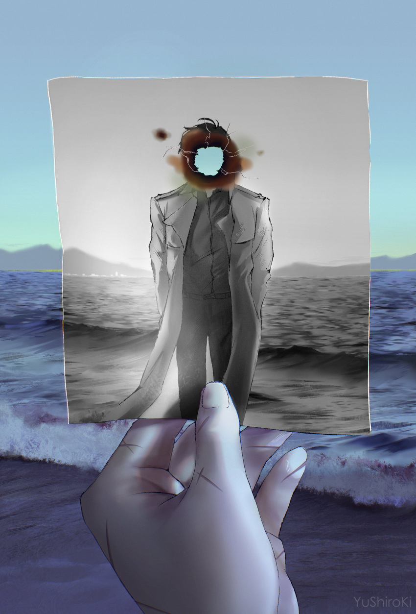 1boy, 1other, absurdres, beach, burnt_paper, censored, censored_identity, hashtag-only_commentary