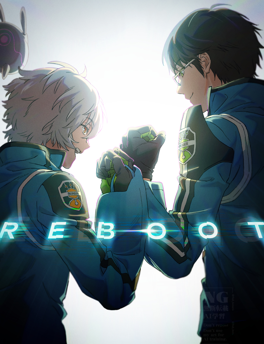 1other, 2boys, black_gloves, black_hair, commentary_request, english_text, from_behind, fuji_(piro)