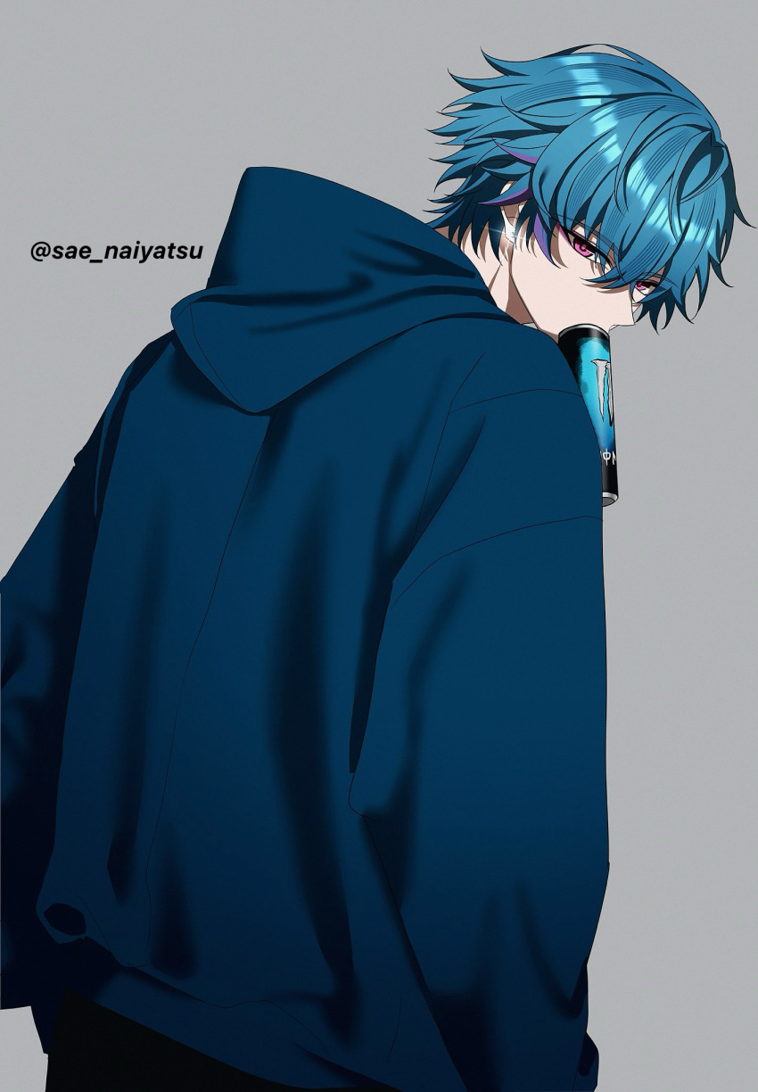 1boy, alternate_costume, blue_hair, blue_hoodie, brant_(wuthering_waves), can, commentary, drink_can