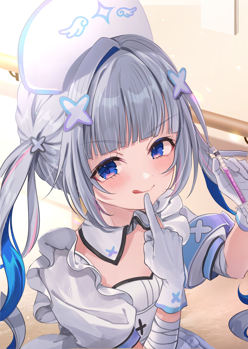 1girl, absurdres, amane_kanata, amane_kanata_(nurse), blue_eyes, blue_hair, blush, collar