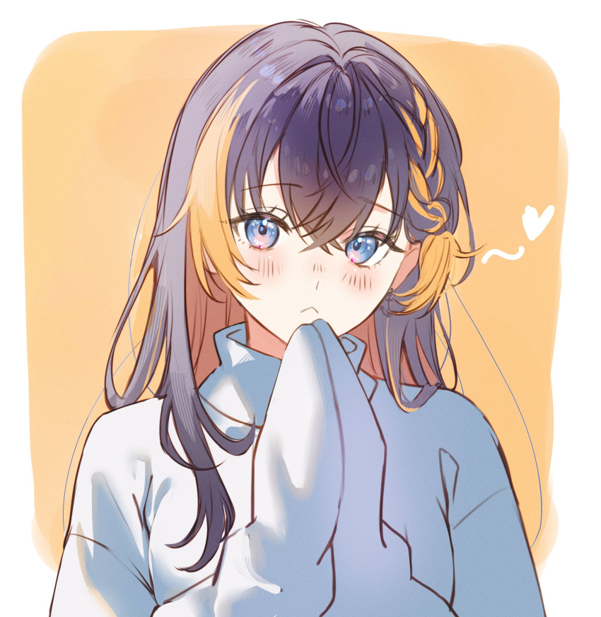 1girl, :<, absurdres, black_hair, blonde_hair, blue_eyes, braid, commentary