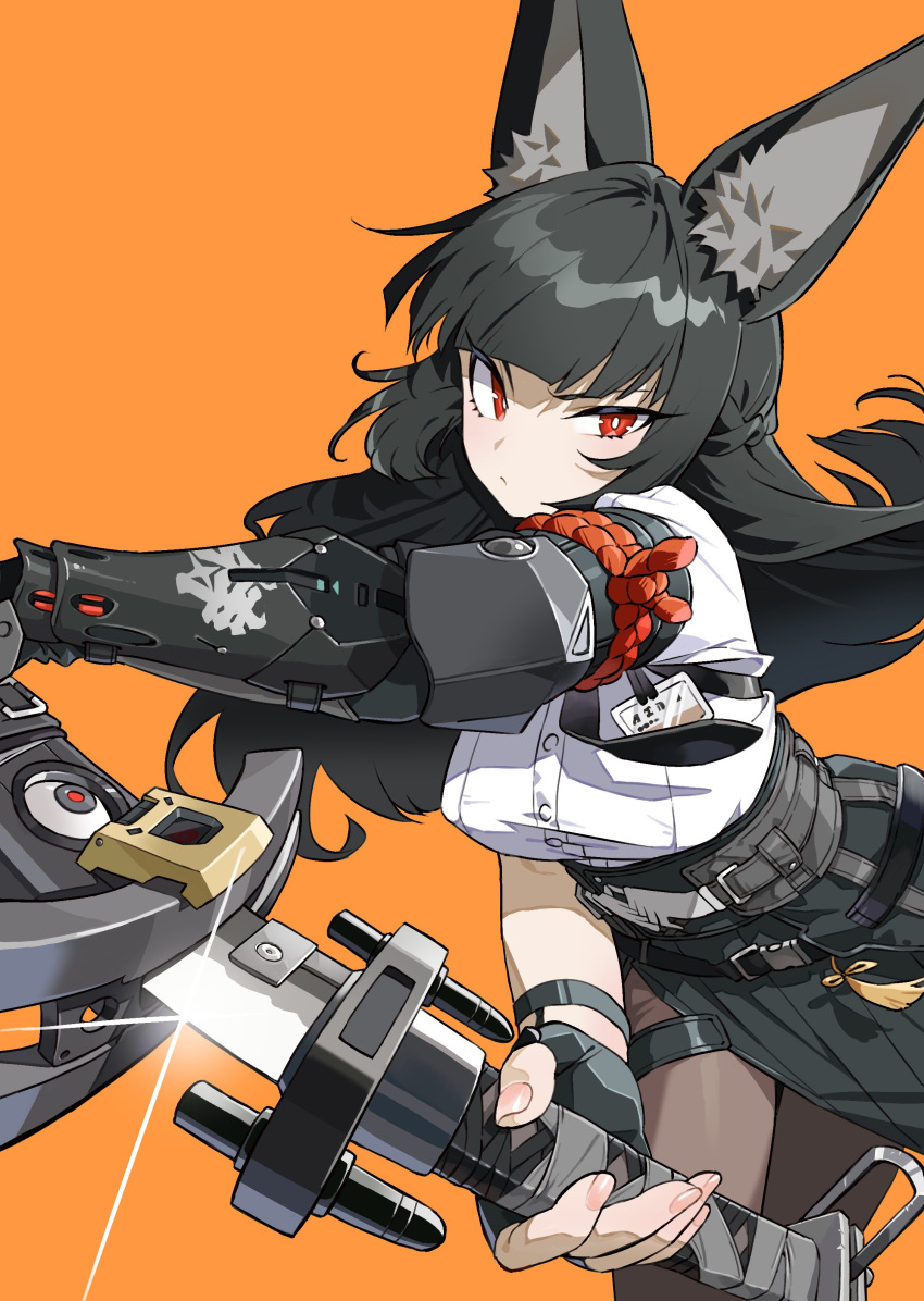 1girl, absurdres, animal_ear_fluff, animal_ears, asdf_4532, black_gloves, black_hair, black_pantyhose, blunt_bangs, fingerless_gloves, fox_ears, fox_girl, gloves, hashtag-only_commentary, highres, holding, holding_weapon, hoshimi_miyabi, looking_at_viewer, pantyhose, serious, shirt, solo, weapon, white_shirt, yellow_background, zenless_zone_zero