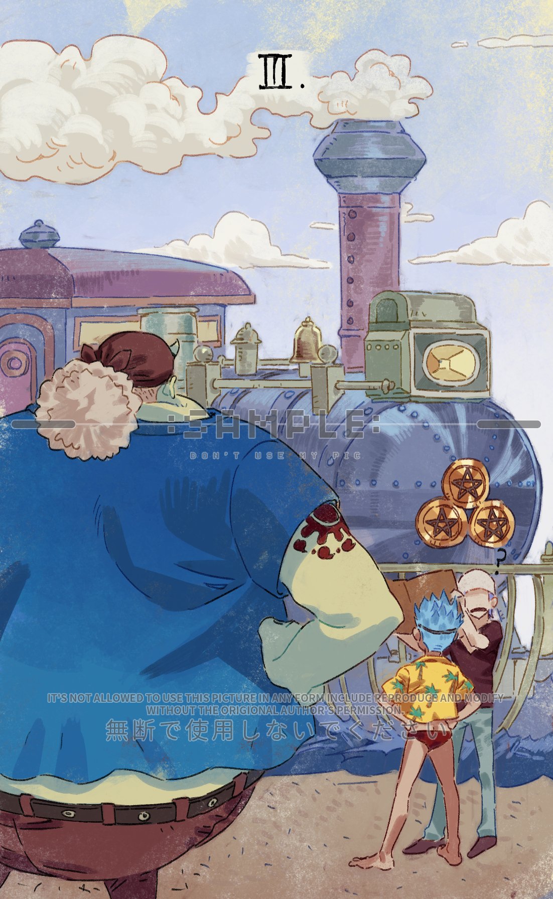 3boys, aged_down, arm_tattoo, bandana, blue_hair, card_(medium), child, denim