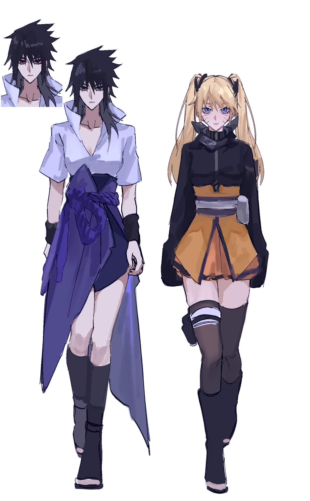 bandaged_leg, bandages, black_boots, black_eyes, black_hair, black_jacket, black_thighhighs, blonde_hair, blue_eyes, boots, breasts, facial_mark, full_body, genderswap, genderswap_(mtf), hair_between_eyes, highres, hngbo652804, jacket, long_hair, looking_at_viewer, medium_breasts, naruko_(naruto), naruto_(series), naruto_shippuuden, open-toe_boots, orange_skirt, popped_collar, purple_skirt, rope_belt, shirt, short_sleeves, skirt, spiky_hair, thigh-highs, twintails, uchiha_sasuke, walking, whisker_markings, white_background, white_shirt