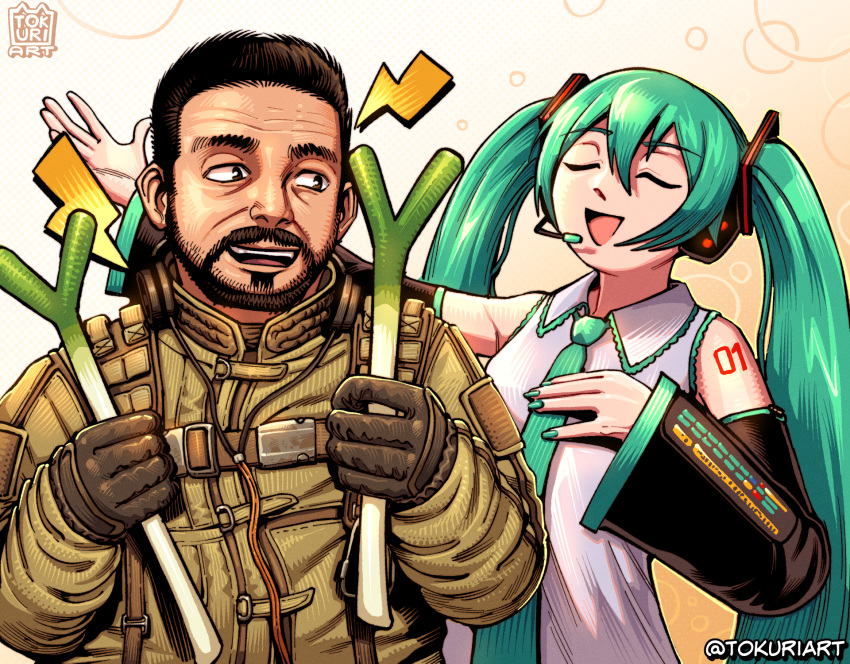 1boy, 1girl, beard, black_gloves, black_hair, black_sleeves, blue_hair, blue_necktie