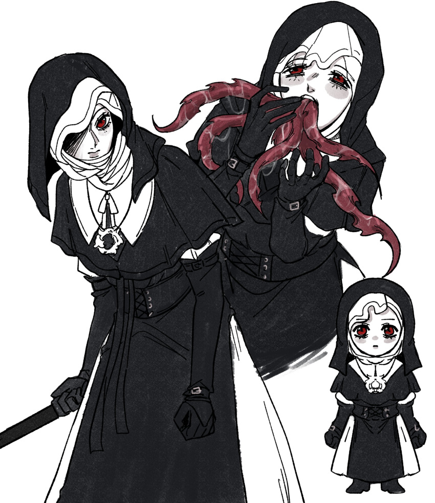 1girl, absurdres, black_bodice, black_capelet, black_gloves, black_hood, capelet, chibi