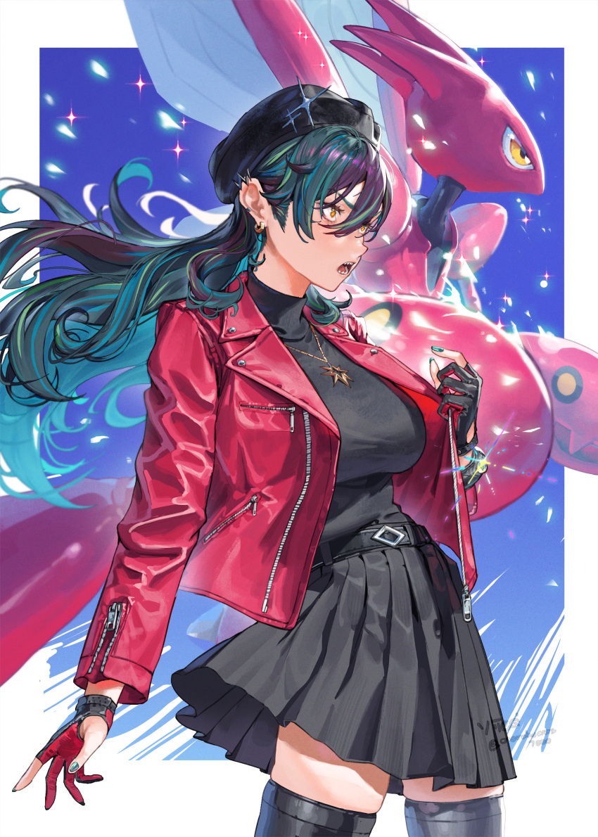 1girl, absurdres, black_shirt, black_skirt, black_thighhighs, border, commentary_request, ear_piercing