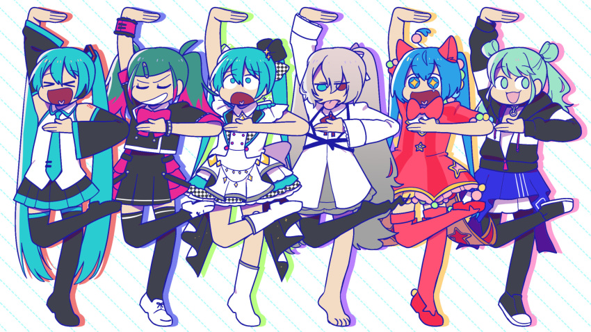 >_<, 25-ji_miku, 6+girls, :3, ahoge, animal_ears, aqua_eyes, aqua_hair