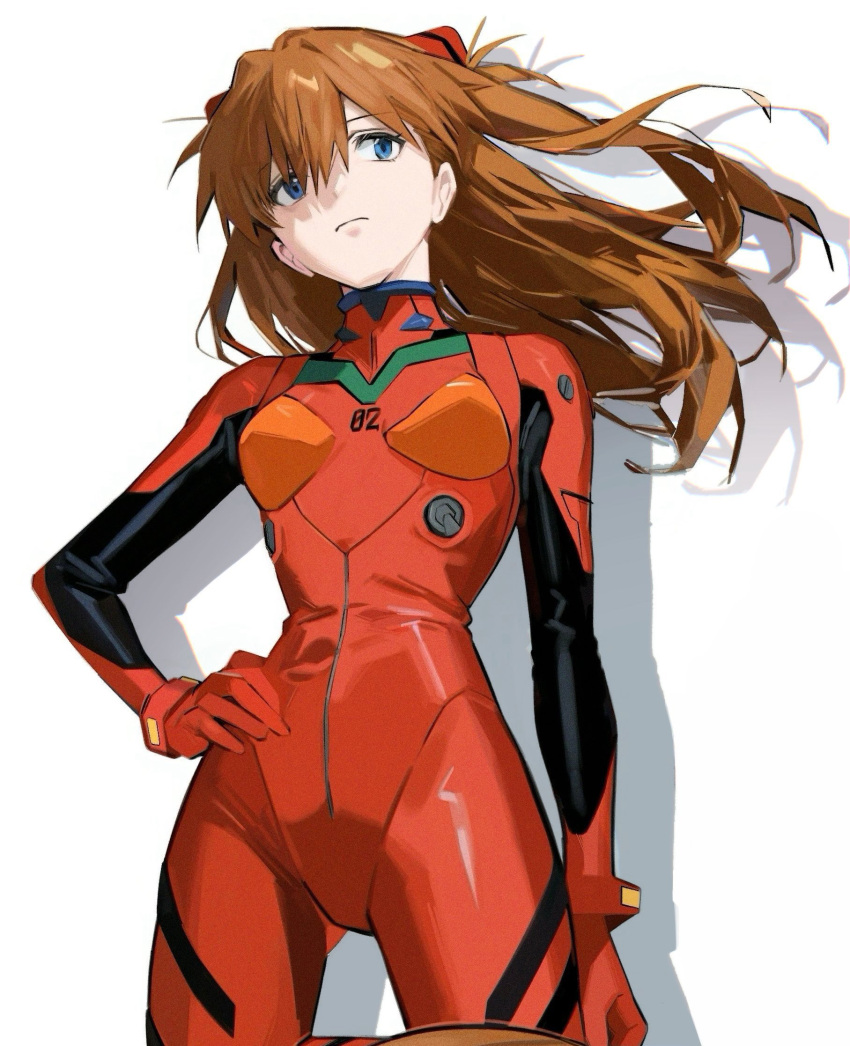 1girl, blue_eyes, bodysuit, breasts, brown_hair, closed_mouth, cowboy_shot, floating_hair