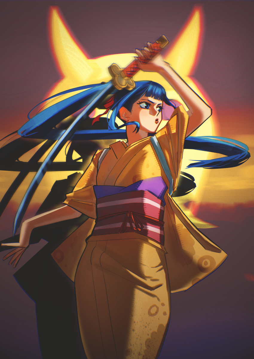 1girl, absurdres, blue_hair, blunt_bangs, commentary, cowboy_shot, english_commentary, floating_hair