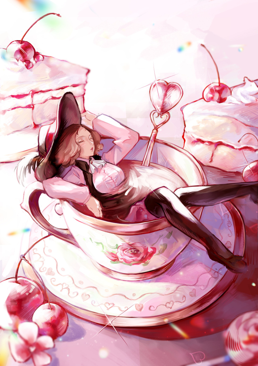 1girl, absurdres, breasts, brown_hair, cake, cherry, closed_eyes, cup